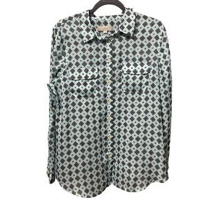 Loft size L mint green print long sleeves pocket button front blouse